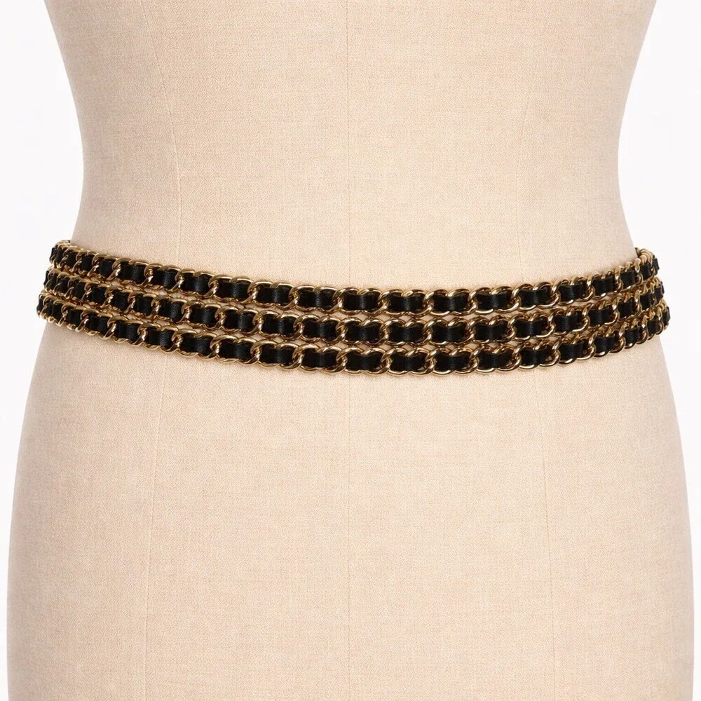Vintage Black Leather Triple Gold Chain statement belt Multi-Strand Large